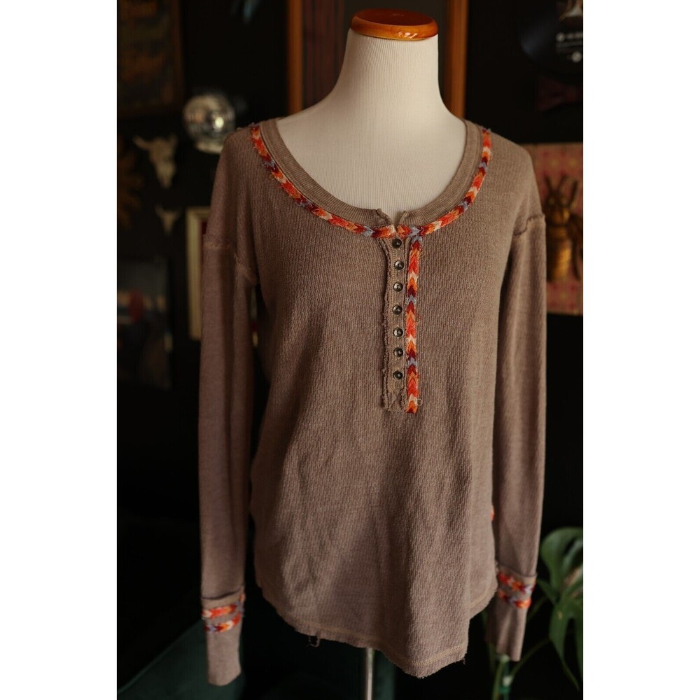 Free People Rainbow Thermal Henley Long Sleeve Beige Fall Boho Button Up Sz S